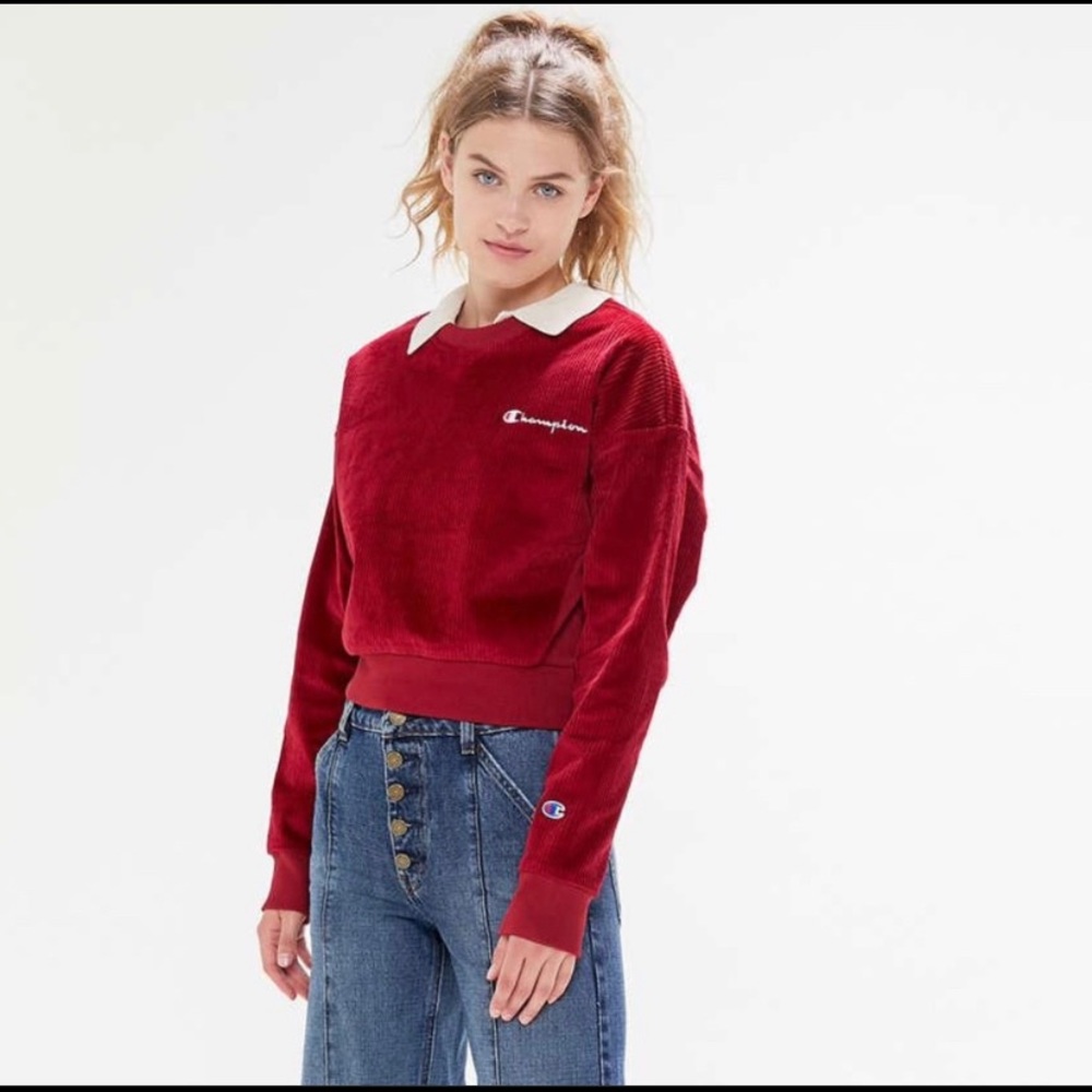 champion sz large red cropped cord sweatshirt